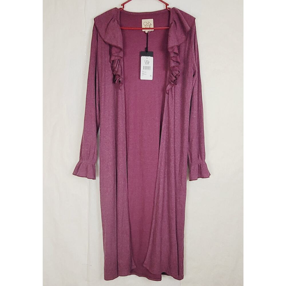 New Chaser pomegranate purple ruffled open front duster cardigan Size Small Boho